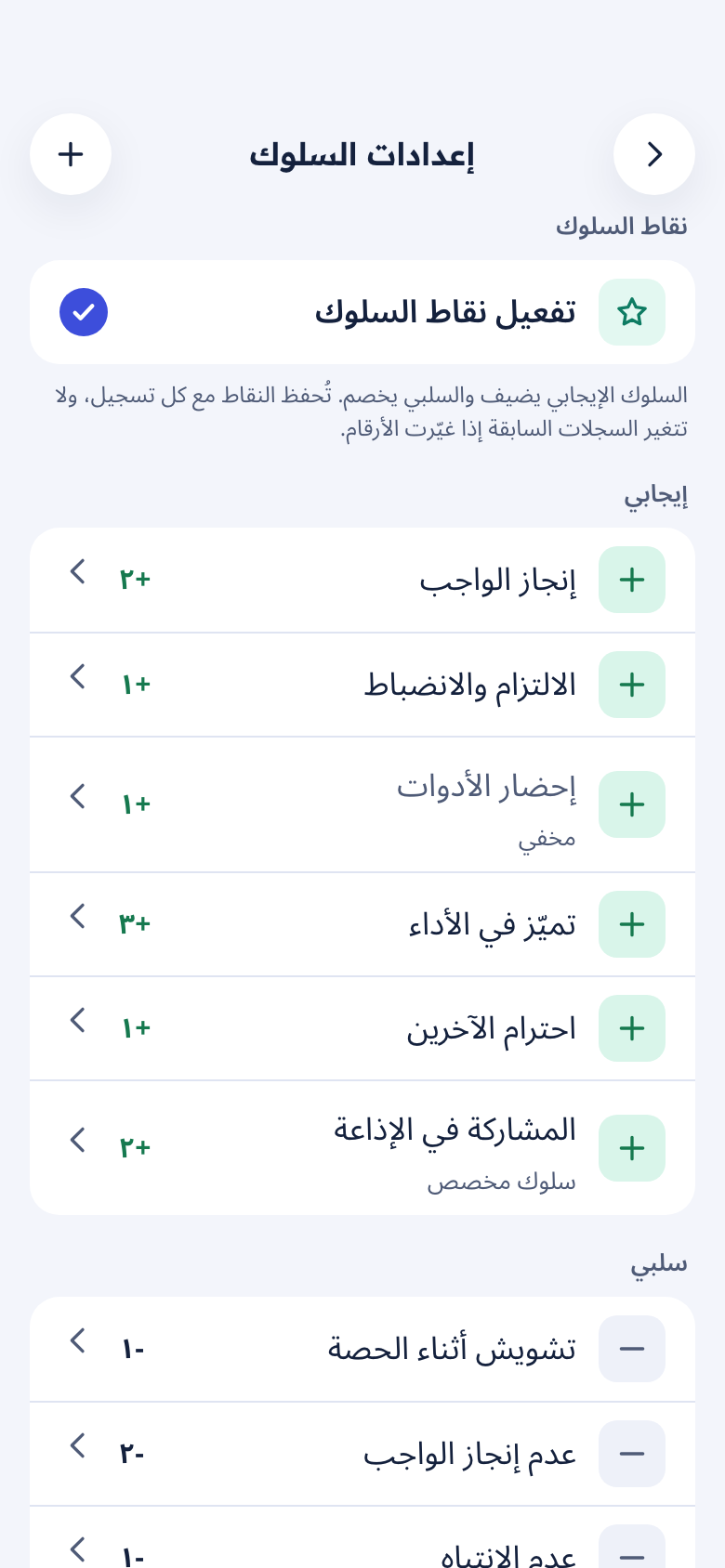 إعدادات السلوك: قائمة السلوكيات الإيجابية والسلبية ونقاط كل منها